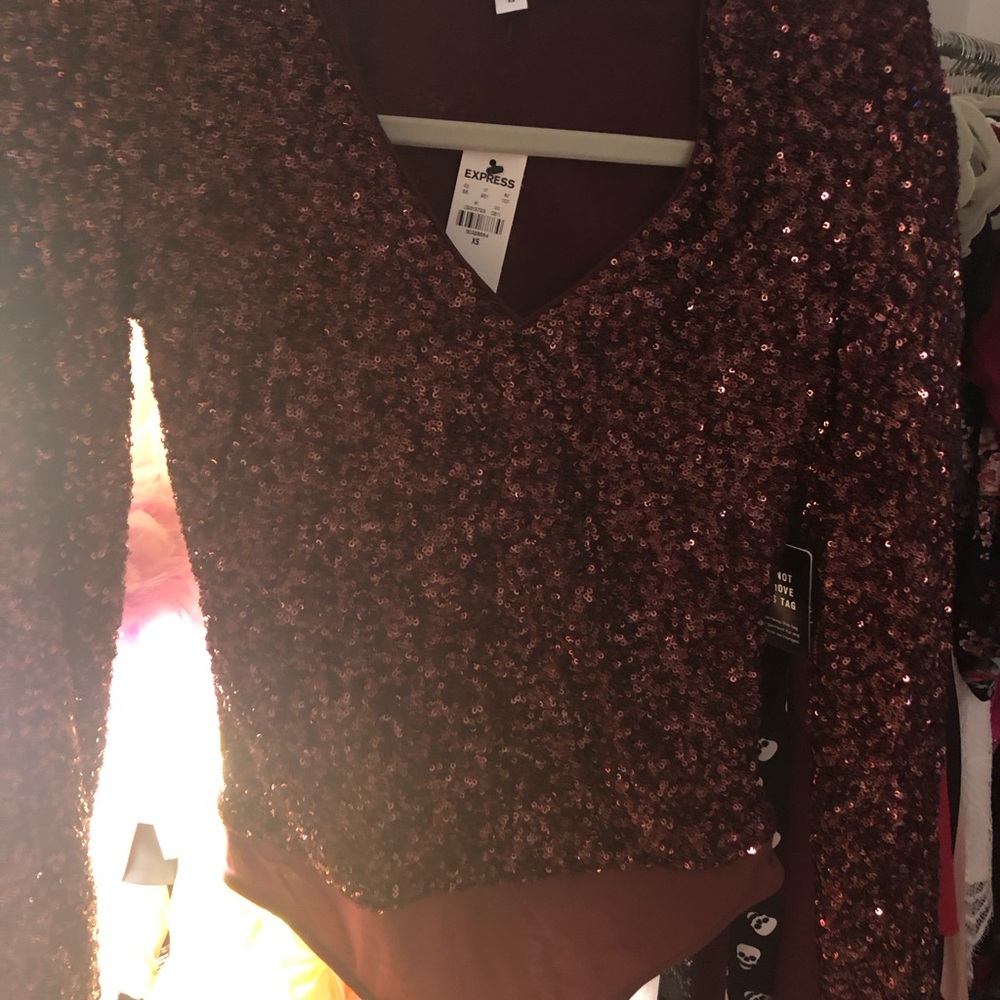 express blouse one piece sequin womens long sleeve xs burgundy